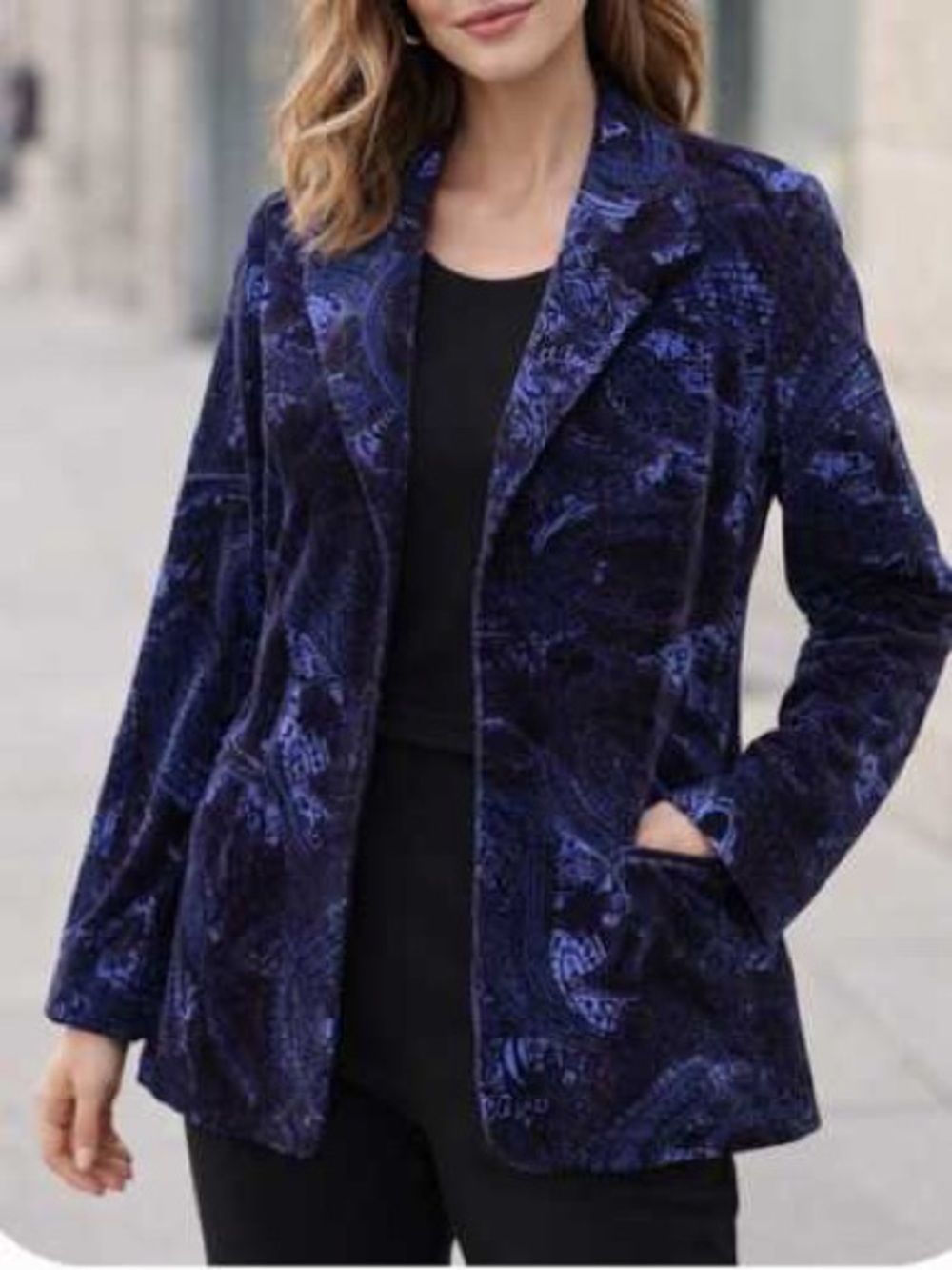 Chicos Velvet Paisley Patterned Blazer Jacket - Navy Blue